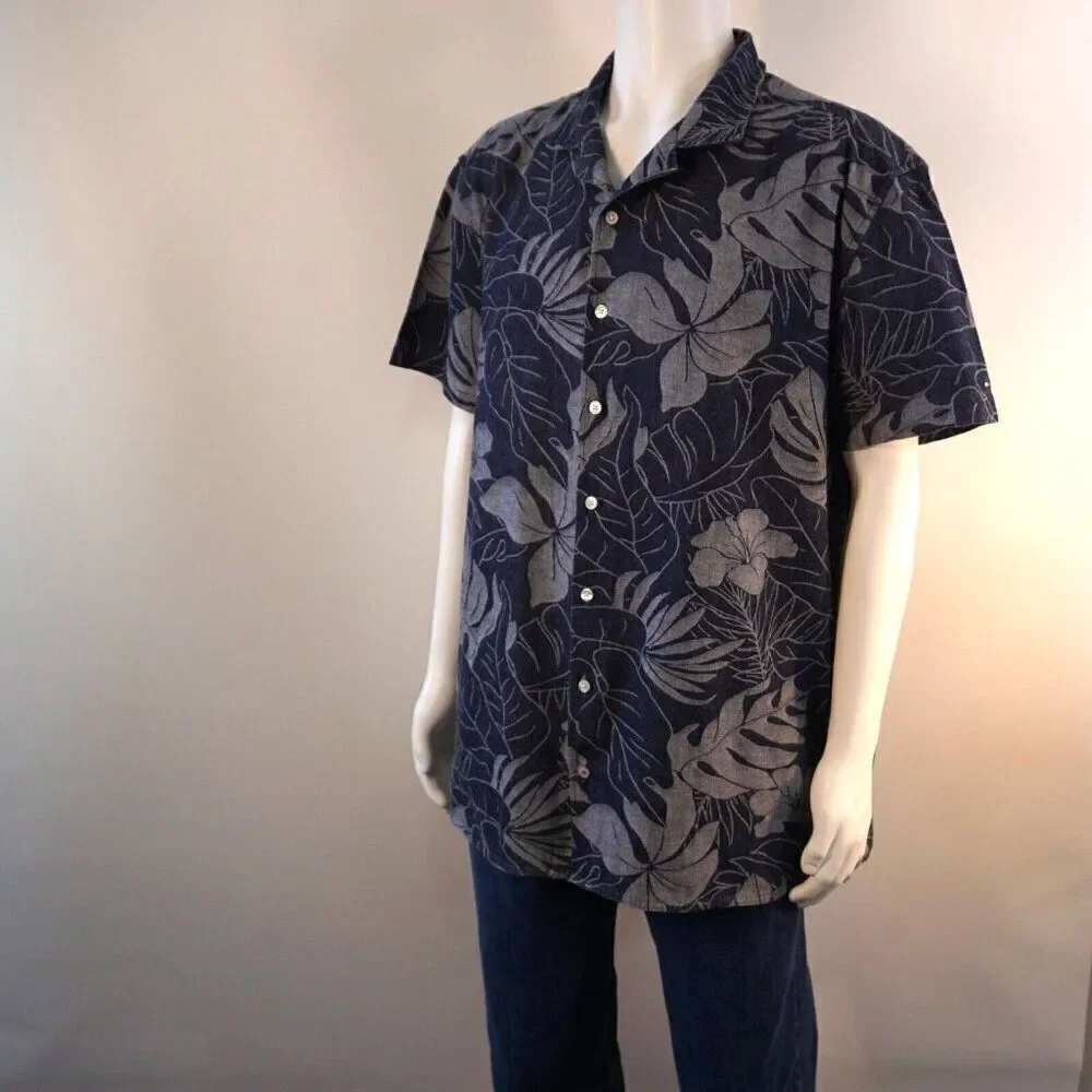 Tommy Hilfiger Mens XXL Shirt Hawaiian Leaf Print Slim Fit Short Sleeve